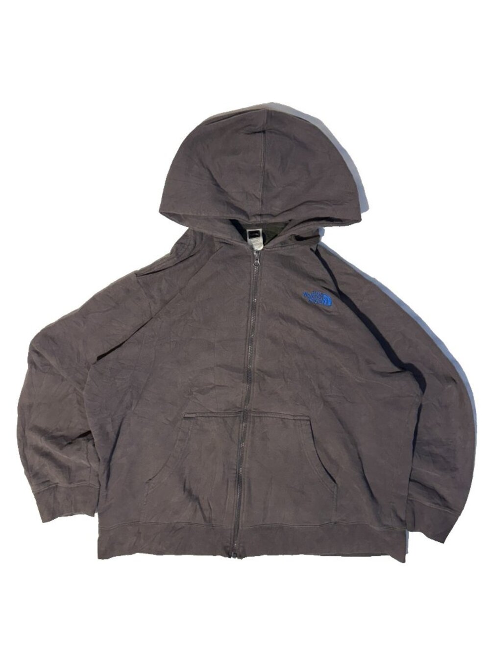 The North Face Faded Gray Y2K Zip Up Skate Hoodie 2XL Blue Stitched Patch